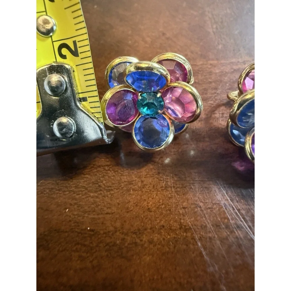 Vtg Multicolor Flower Clip On Earrings Gold Tone Faceted Glass Mod Statement‎